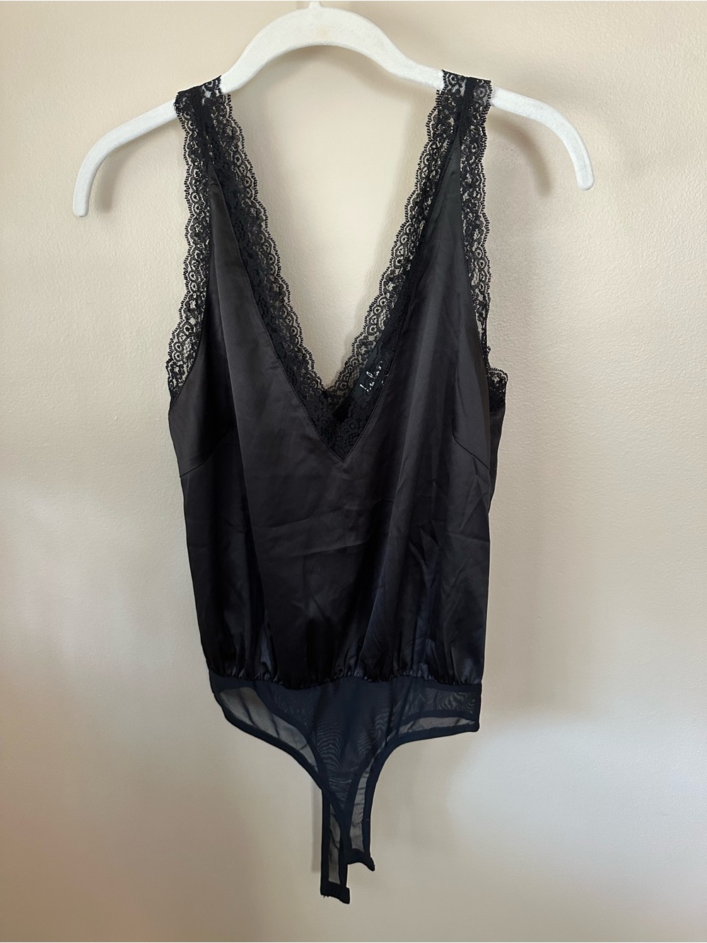 Black Lace Trim Satin Bodysuit